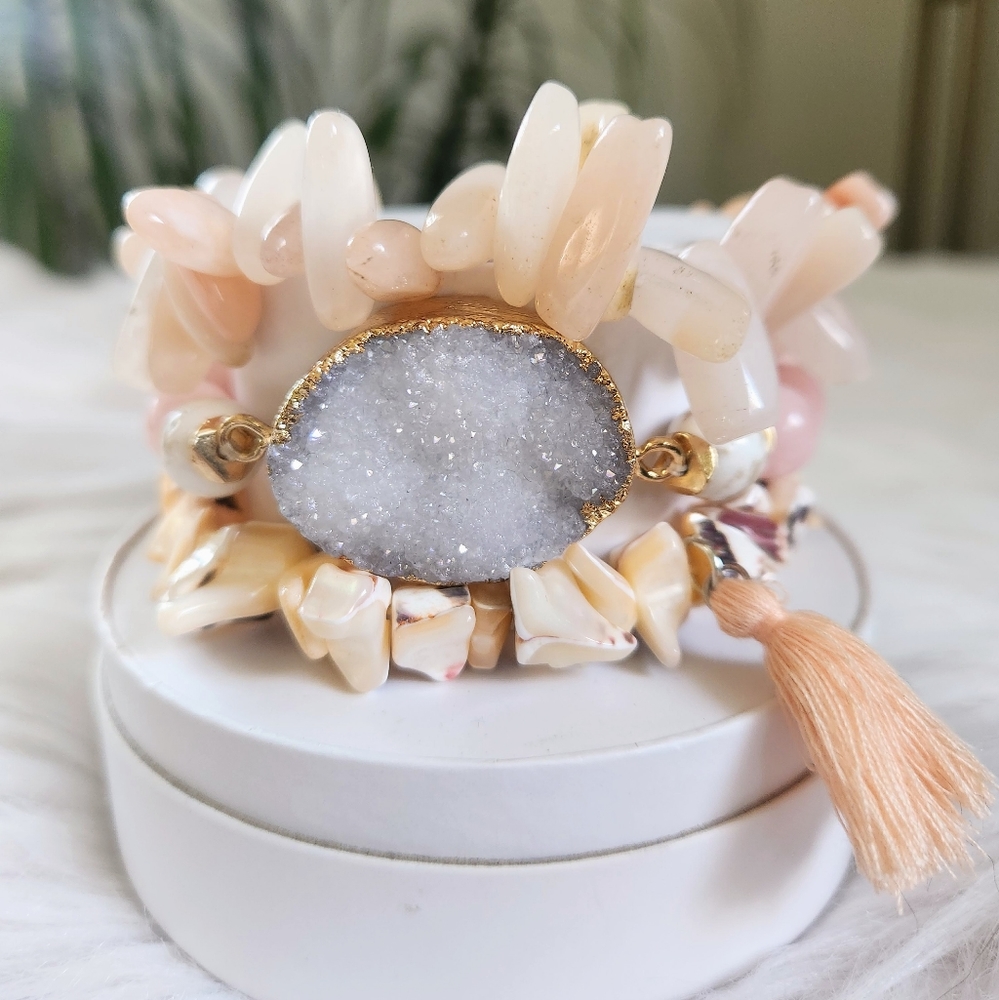 New Ryze Natural Stone Rose Quartz & White Druzy Bracelet Staxx - Set of 3